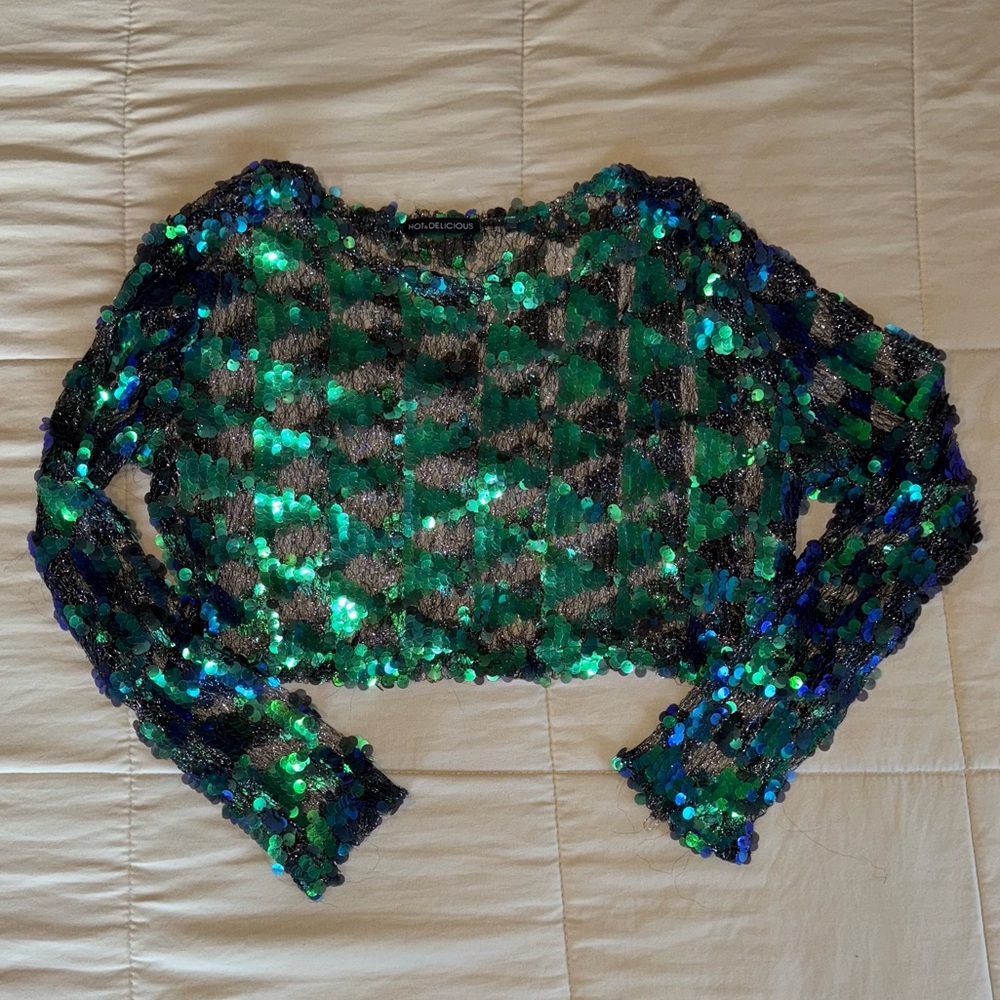 Hot & Delicious Green and Blue Sheer Sequin Crop Top